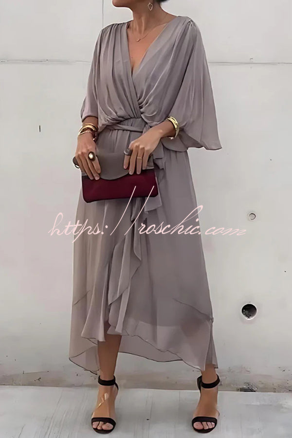 Color V-neck Bat Sleeve Lace-up Irregular Hem Midi Dress