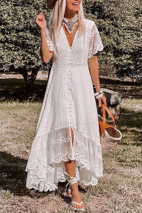 V Neck Slim Dress Lace Midi Dress