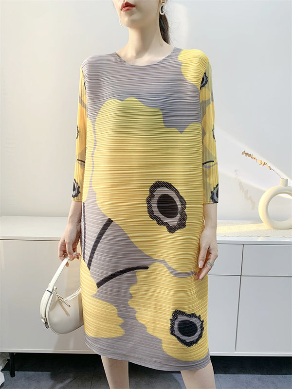 Original Three-quarter Sleeves Loose Printed Contrast Color Pleated Round-neck Midi Dresses