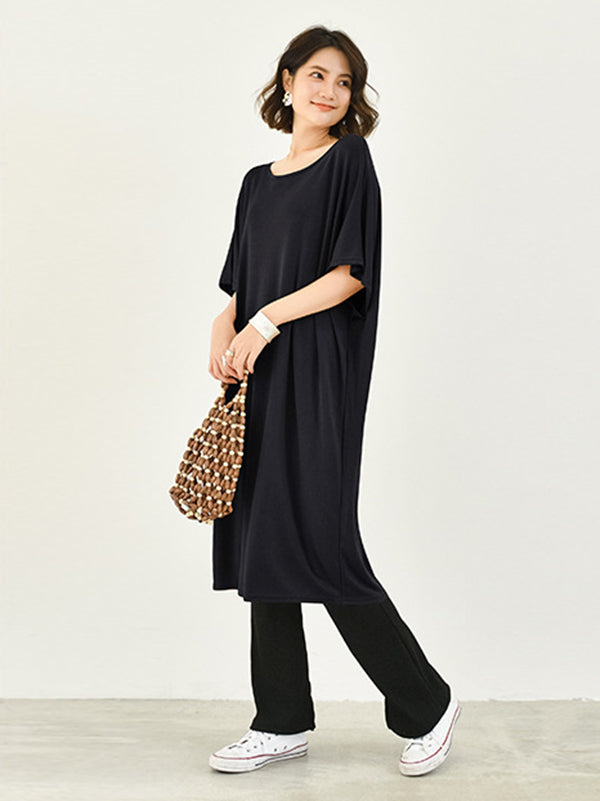 Batwing Half Sleeves Color Round-neck Midi Dresses