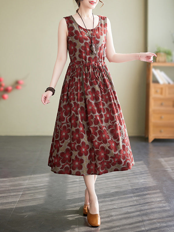 Loose Oversize Drawstring Printed Round-neck Midi Dresses