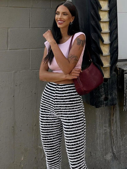Zebra Stripes Knitted Pants Bodycon High Waist Slim Long Pants Femme Street Trouseres Hot