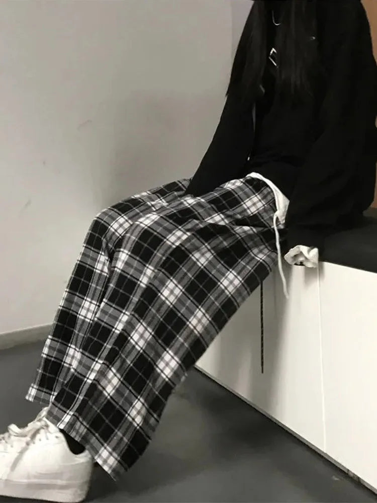 Black and White Plaid Pants New Loose Wide Leg Trousers Ins Retro Teen Straight Trousers Hiphop