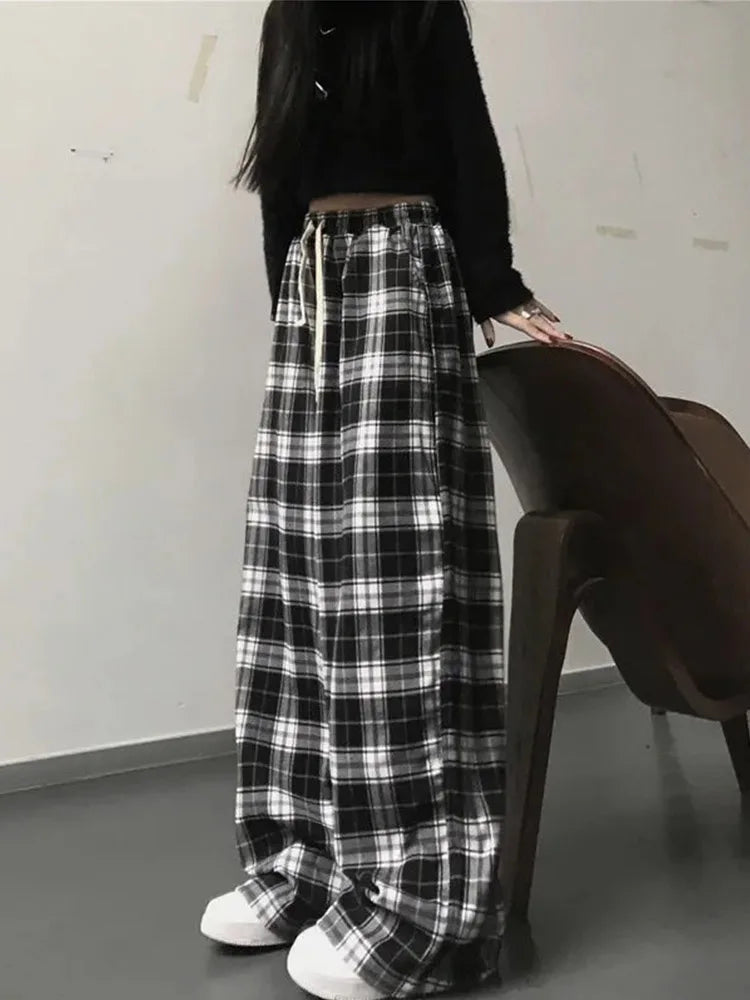Black and White Plaid Pants New Loose Wide Leg Trousers Ins Retro Teen Straight Trousers Hiphop