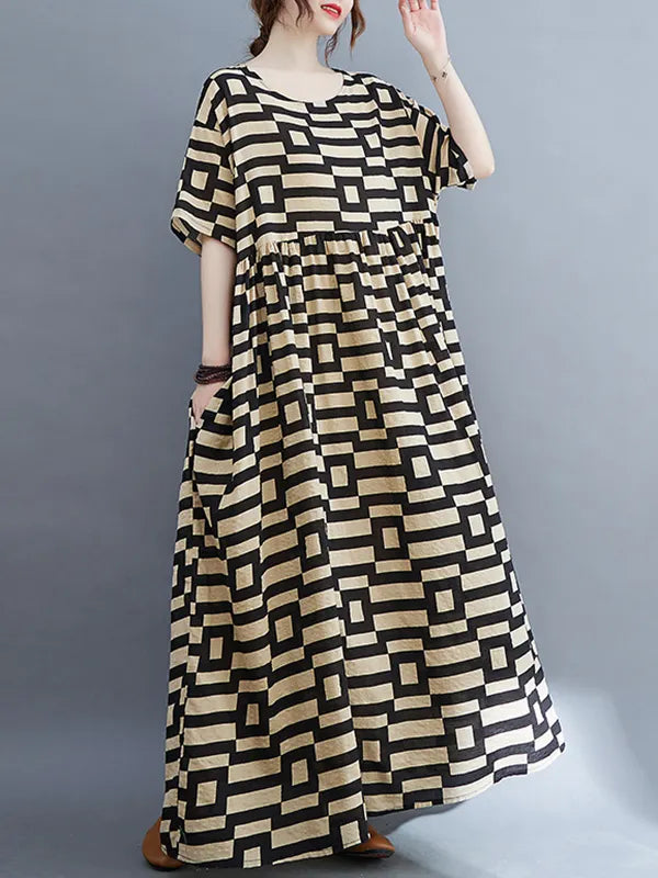 Loose Short Sleeves Plaid Round-neck Midi Dresses