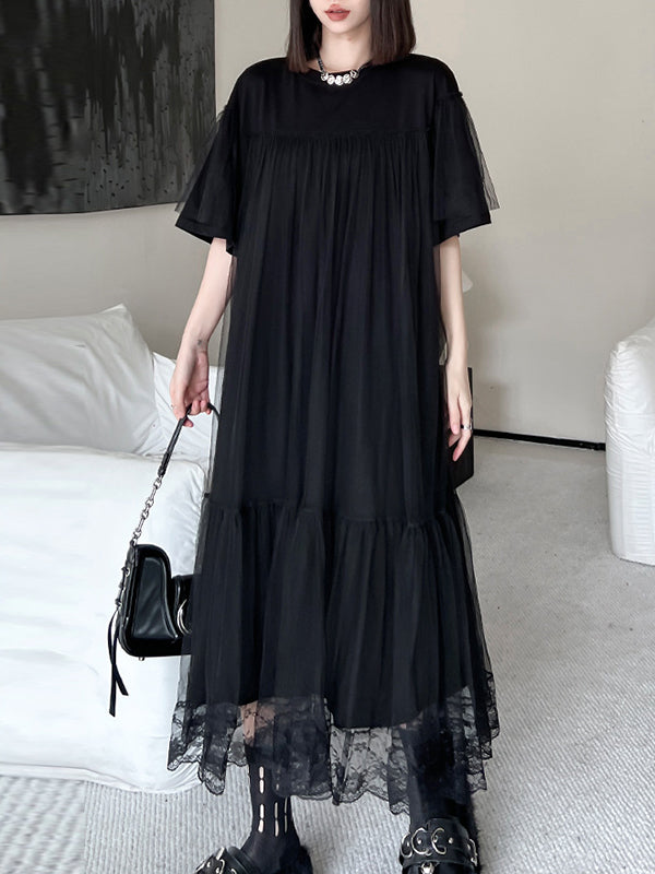 Fake Two-piece Loose Gauze Pleated Color Split-joint Tiered Round-neck Midi Dresses