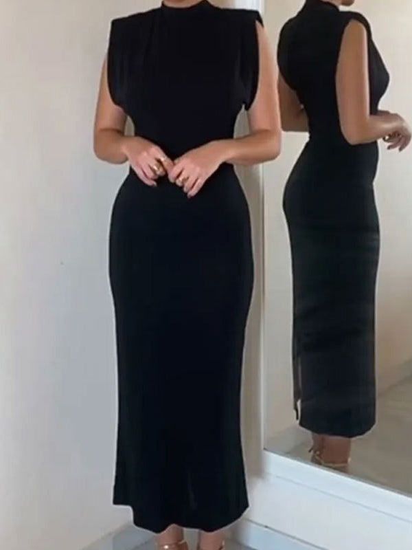 Skinny Color Zipper Mock Neck Midi Dresses