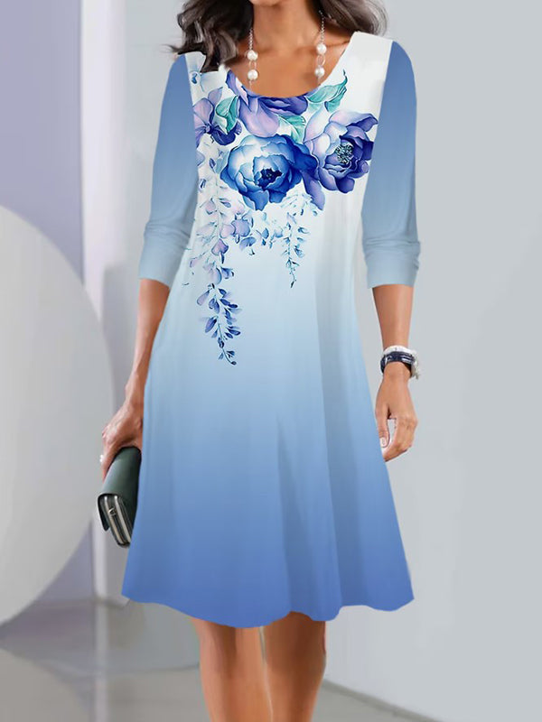 Long Sleeves Flower Print Multi-colored Printed Round-neck Midi Dresses