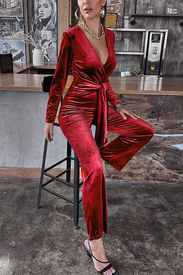 Color Velvet Deep V Belt Slim Jumpsuit