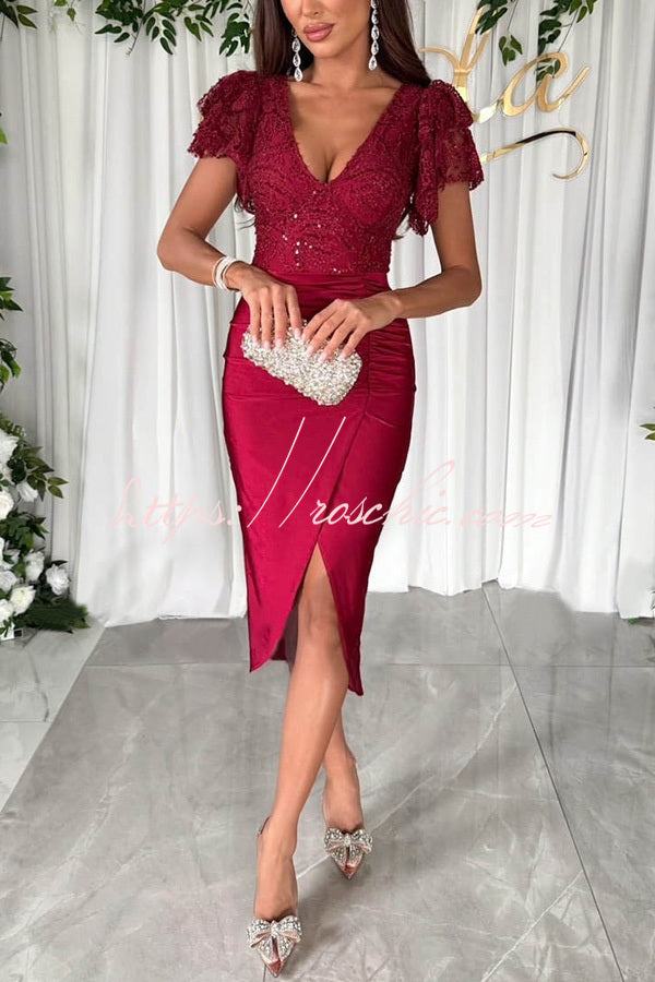 Dreamy Lace and Satin Patchwork Ruffle Sleeve Ruched Midi Dress