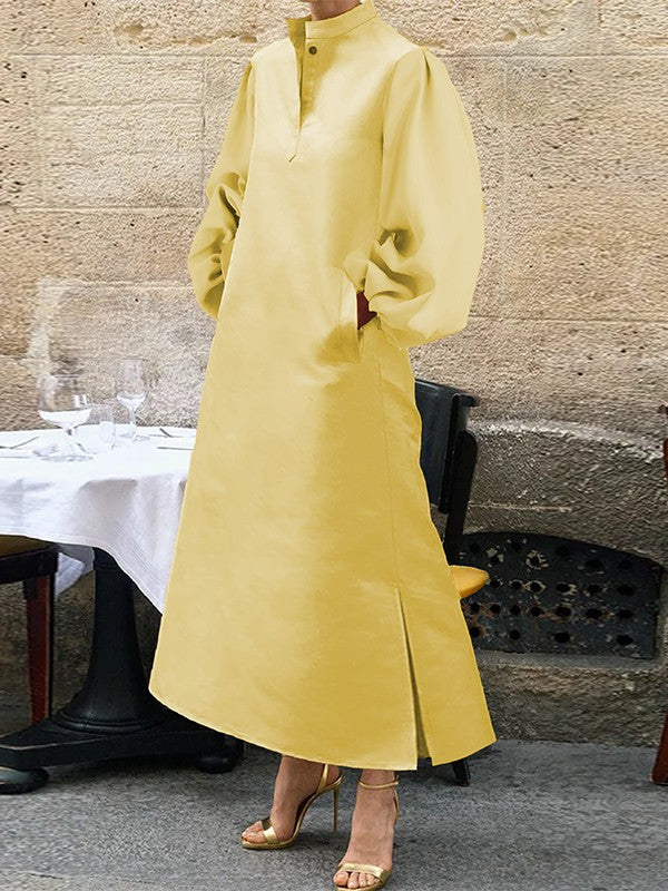 A-line Long Sleeves Buttoned Pleated Pockets Color Split-side Stand Collar Midi Dresses