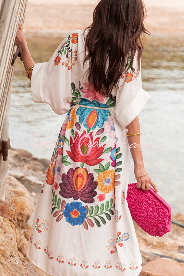 Plant Print Lapel Short Sleeve Waist Tie Loose Vacation Midi Dress