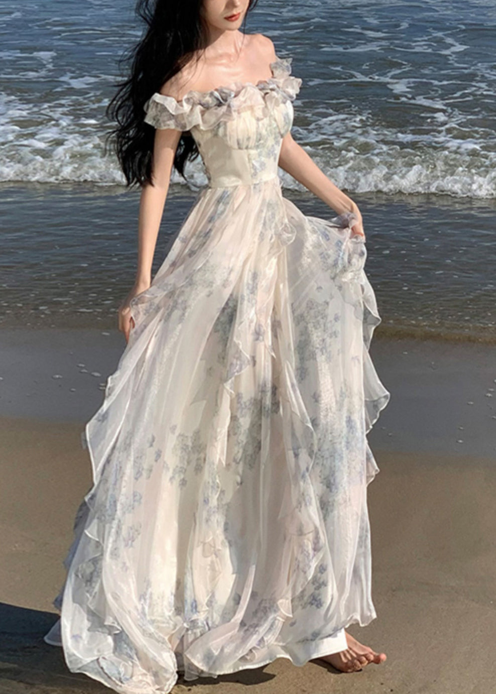 Ruffled Print Patchwork Chiffon Long Dresses Summer Tt1020