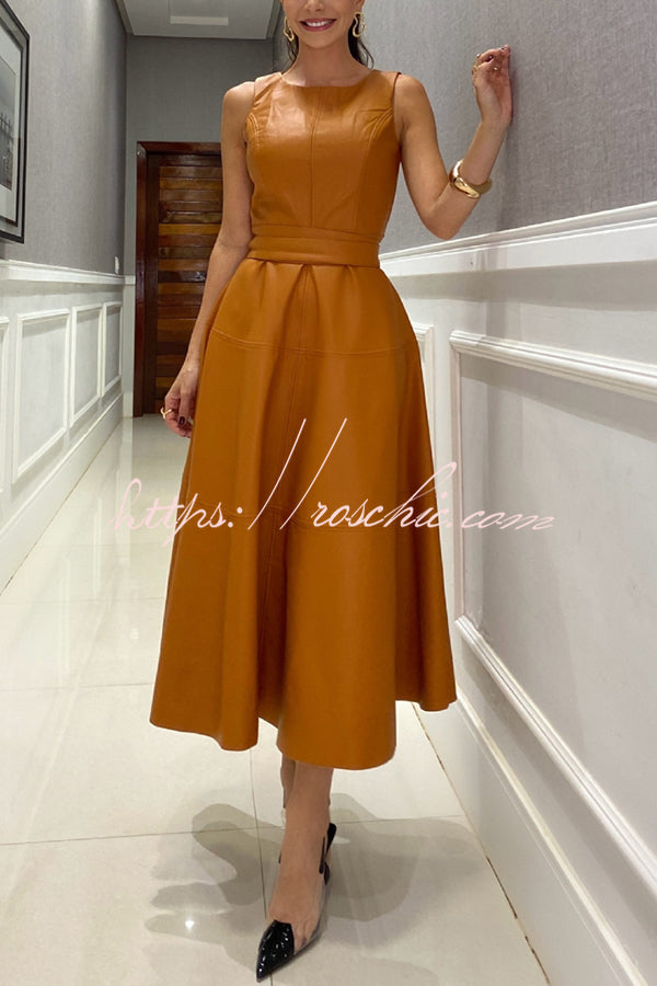 Ensemble Faux Leather Princess Line Back Zipper Umbrella Midi Dress