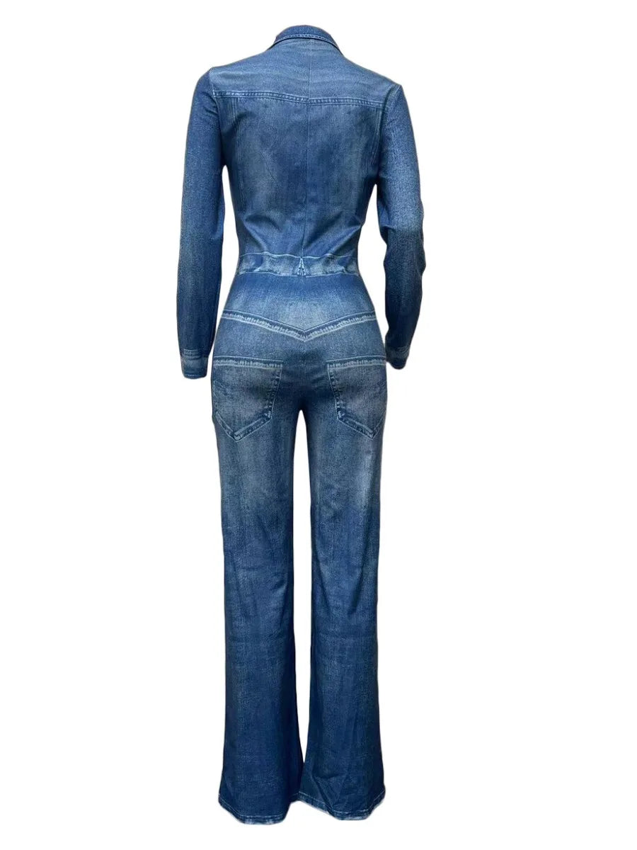 Autumn Winter Imitation Denim Pocket Button Design Jumpsuit Jumpsuits