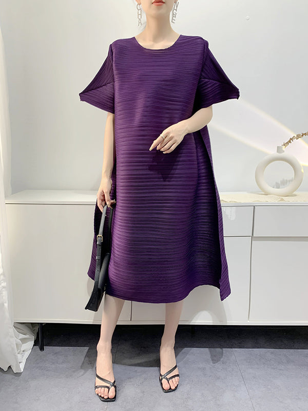 Loose Pleated Round-neck Midi Dresses