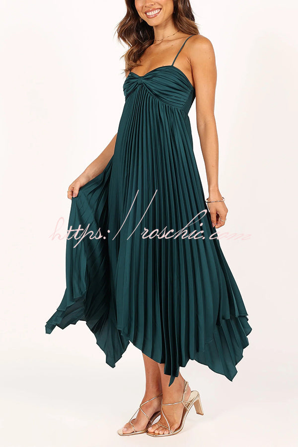 Color Suspender Pleated Irregular Midi Dress