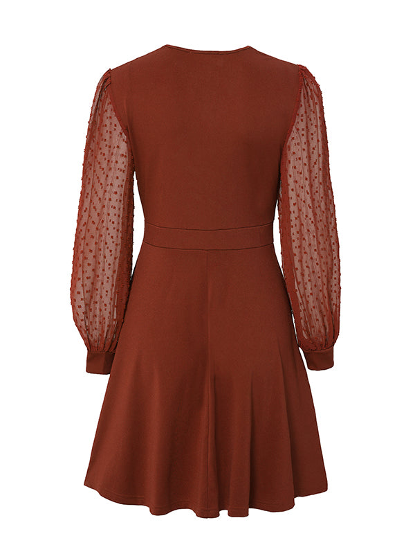 A-line Long Sleeves Gauze Pleated Split-joint V-neck Midi Dresses