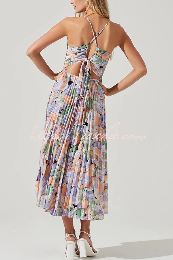 Wedding Party Season Print Pleated Back Tie-up Midi Dress