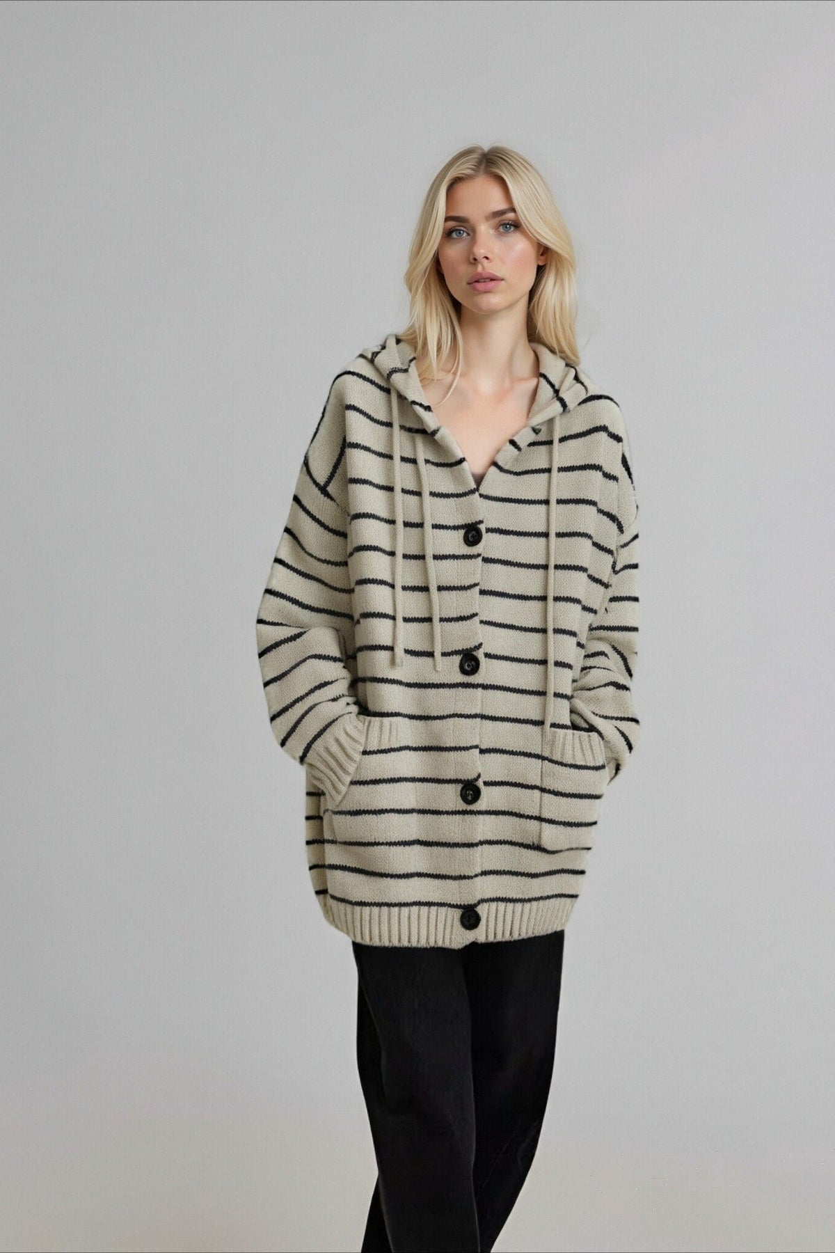 Stripe Hooded Retro Drawstring Pocket Knit Cardigan