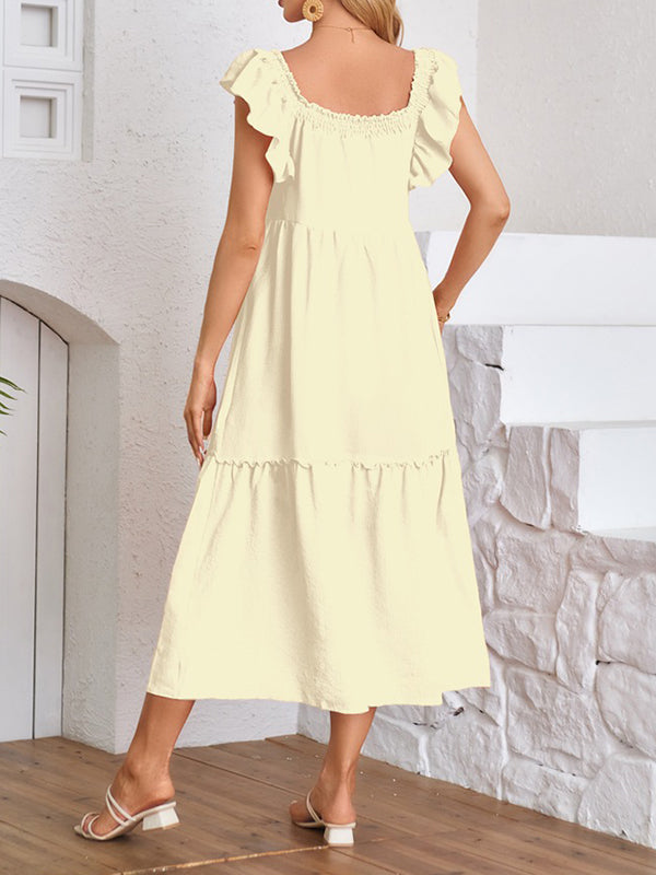 A-line Loose Elasticity Pleated Ruffled Color Split-joint Off-the-shoulder Midi Dresses