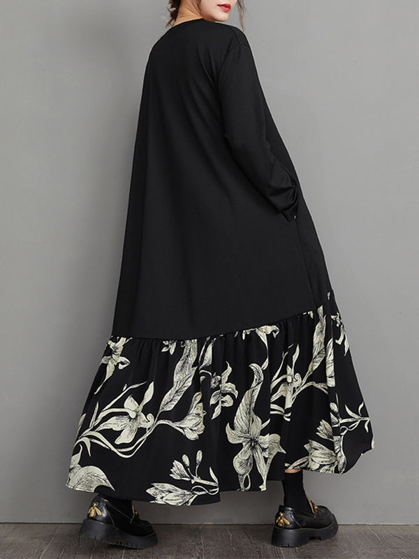 A-line High-low Asymmetric Flower Print Split-joint V-neck Midi Dresses
