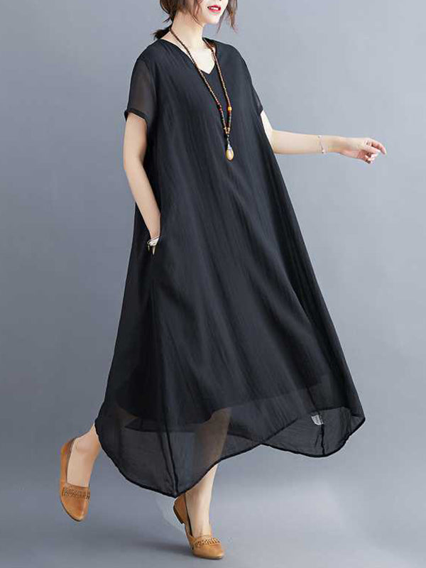 A-line Loose Color V-neck Midi Dresses