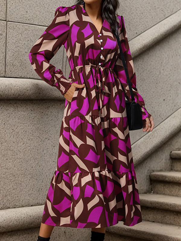A-line Long Sleeves Buttoned Elasticity Pleated Printed Split-joint Tied Waist V-neck Midi Dresses