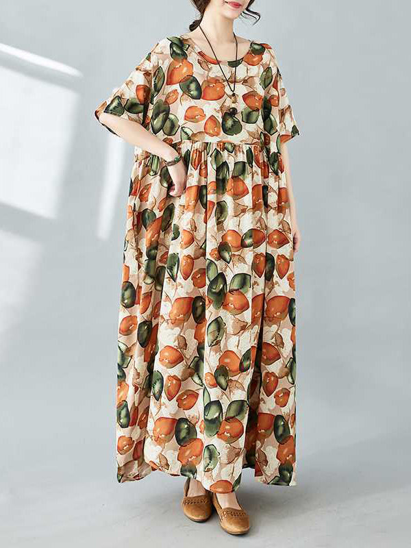Half Sleeves Loose Pleated Printed Split-joint Round-neck Midi Dresses