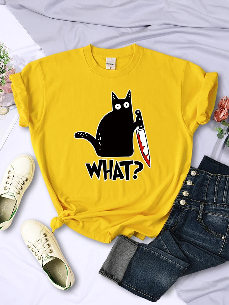 Kitchen Knife Black Cat Wha? Print Female Short Sleeve Breathable T-shirts Summer Cool Tee Clothes Street Hip Hop Tops