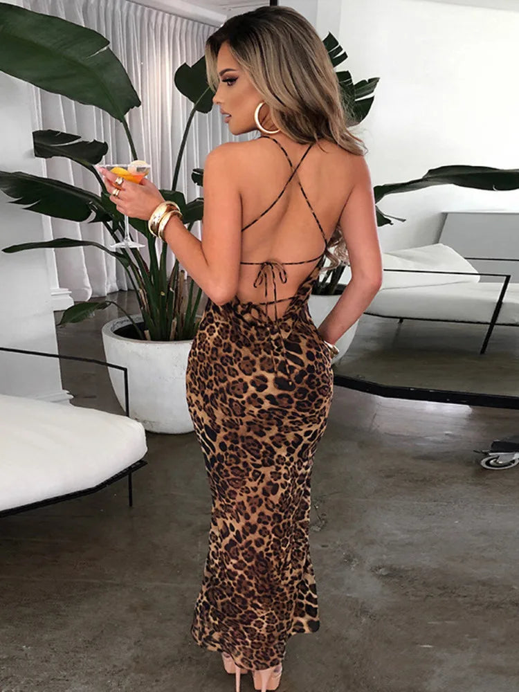 Leopard Print Maxi Dress for Summer Club Party Dresses Female Spaghetti Strap Sleeveless Long Dress