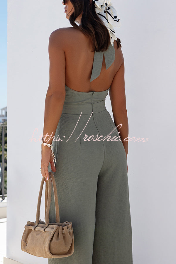 Easy Mode Cross-neck Halter Strap Backless Wide Leg Jumpsuit