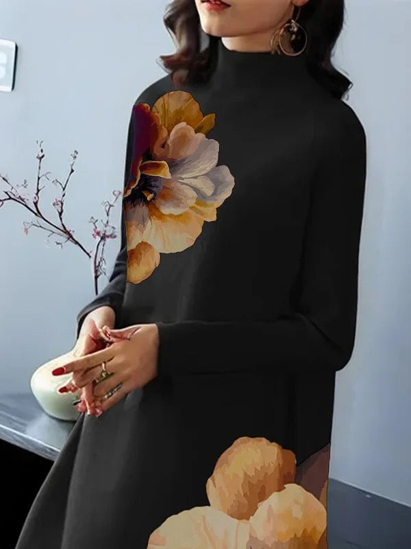 A-line Long Sleeves Flower Print Split-joint Mock Neck Midi Dresses