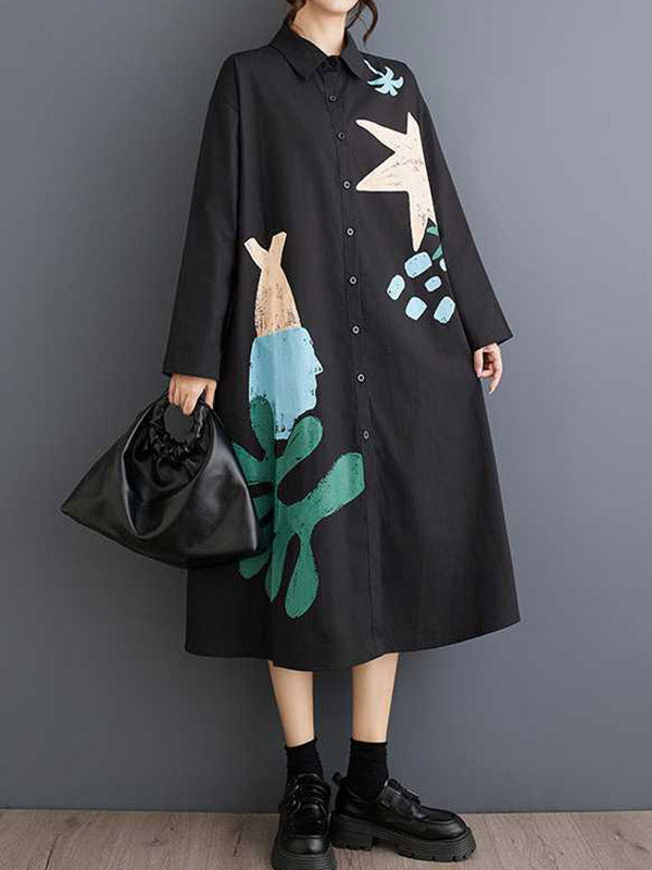 A-line Long Sleeves Buttoned Pockets Printed Split-joint Lapel Midi Dresses Shirt Dress