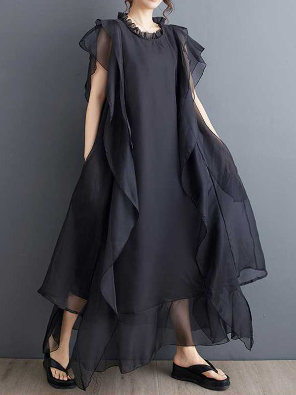 Loose Ruffle Sleeves Falbala Ruffled Color Round-neck Midi Dresses