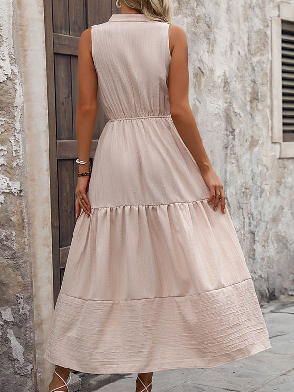 A-line High Waisted Buttoned Elasticity Pleated Split-joint V-neck Midi Dresses