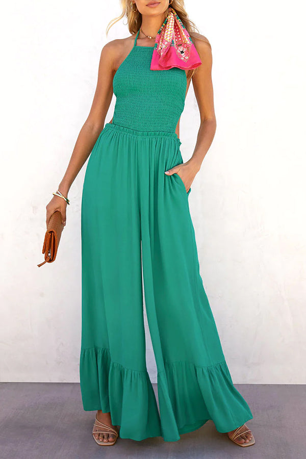 Color Halter Neck Open Back Flared Jumpsuit