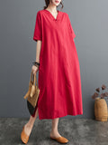 A-line Loose Chinese Frog Buttons Pockets Color Split-side V-neck Midi Dresses