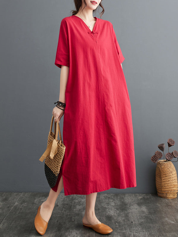 A-line Loose Chinese Frog Buttons Pockets Color Split-side V-neck Midi Dresses
