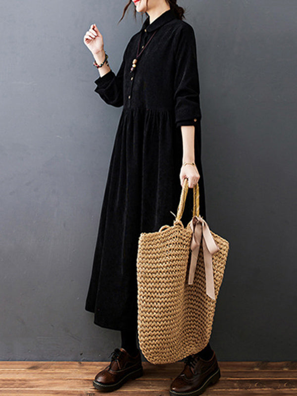Split-joint Color Long Sleeves Lapel A-line Corduroy Midi Dress