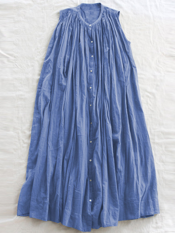 Loose Sleeveless Pleated See-through Round-neck Midi Dresses