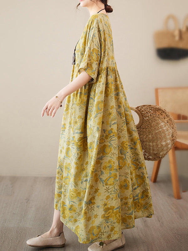 Loose Raglan Sleeve Printed Pleated Split-joint Round-neck Midi Dresses