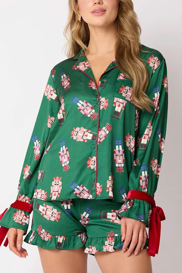 Christmas Printed Bow Tie Top and Elastic Waist Ruffle Shorts Set