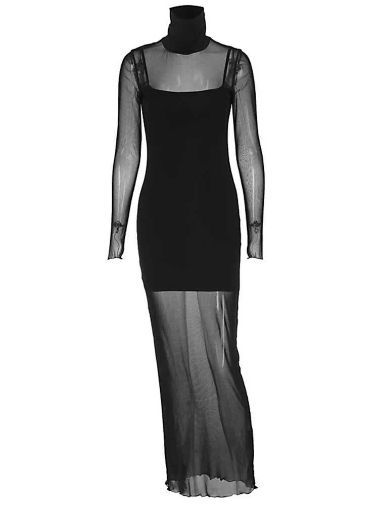 Mesh 2 Piece-set Dress See-through Slim Mini Dress Long Sleeve Patchwork Autumn Maxi Dress Sets