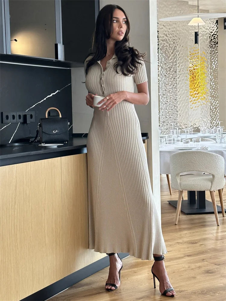 Ribbed High Waist Slim Maxi Dress for Knitwear Lapel Party Dress Gown Short Sleeve Knit Dress