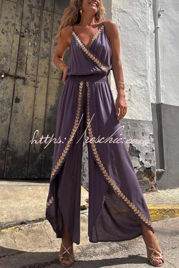 Tamia Gold Trim Elastic Waist Slit Wide Leg Slip Jumpsuit