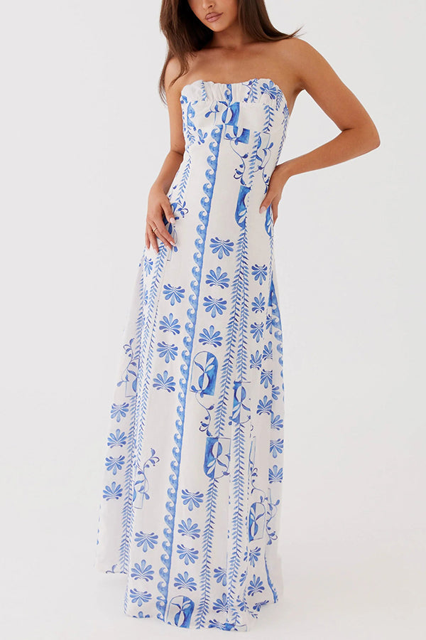 Freya Linen Blend Wave Print Ruched Bust Strapless Maxi Dress