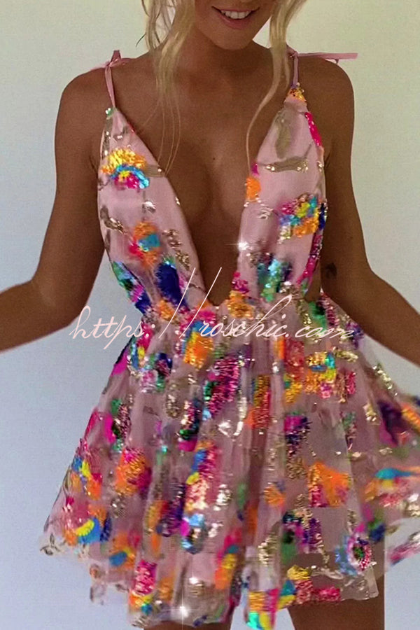 V Neck Open Back Sequined Tie a Line Mini Dress