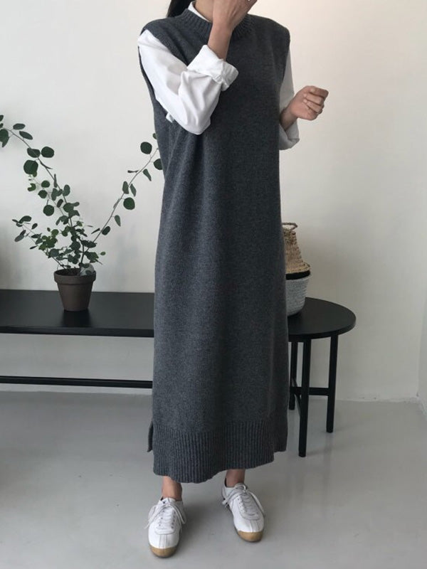 Urban Loose Sleeveless Color Round-neck Midi Dresses Sweater Dresses