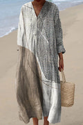 Line Spot Print V-neck Long Sleeve Loose Midi Dress